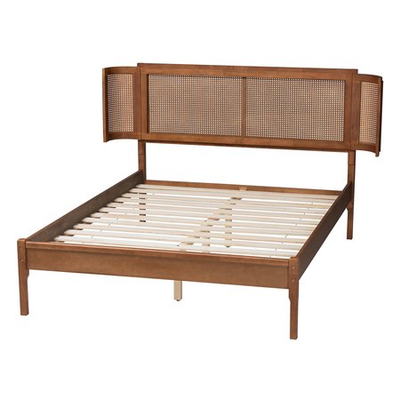 Baxton Studio Eridian MidCentury Modern Walnut Brown Finished Wood and Natural Rattan Queen Size Platform Bed 222-11891-ZORO